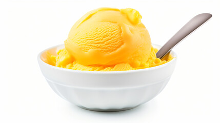 Bowl of mango ice cream scoop isolated on white