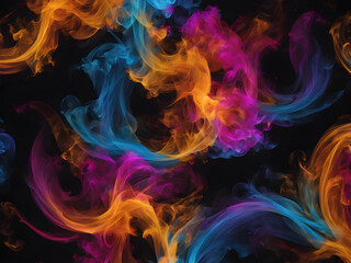Fototapeta premium Abstract smoke texture in orange, purple, blue and yellow on a black background.
