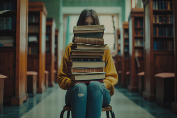 Student Overwhelmed with a Large Stack of Books, Studying Hard in University Library, Knowledge and Learning Concept, Academic Pressure and Education Challenge in a Scholarly Environment