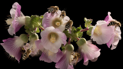 Hollyhock inflorescence attracting bees. 