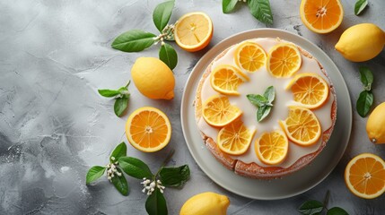Homemade Tasty lemon cream cake zest A piece of biscuit dessert with powdered sugar glaze dripping over lemon and coconut flakes. Layered vanilla cake on a white plate.