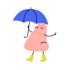 Cute funny abstract character walking with umbrella in hand. Comic fun fluid shape in rubber boots, strolling in rain weather, rainy season. Flat vector illustration isolated on white background