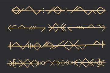 Set golden nordic celtic runes borders, dividers norse protection symbols line style, amulet, witchcraft signs on dark background. - obrazy, fototapety, plakaty