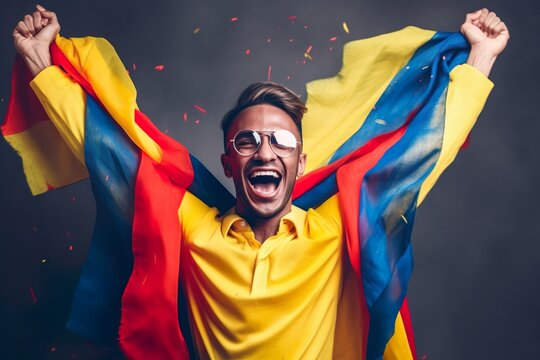 Colombian man shouting happily by holding national flag 