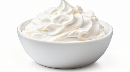 Bowl of whipped cream isolated on white background