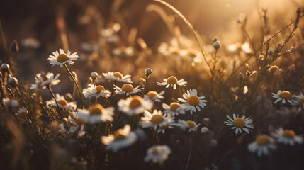 Chamomile blossoms illuminated by the golden hour sunlight