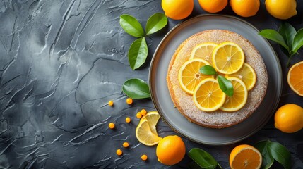 Homemade Tasty lemon cream cake zest A piece of biscuit dessert with powdered sugar glaze dripping over lemon and coconut flakes. Layered vanilla cake on a white plate.