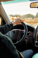Hands on the steering wheel when driving from inside the car