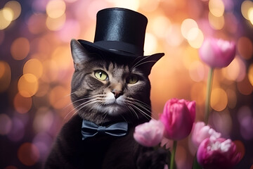 holiday card for a woman, close-up portrait of a cat in a black top hat with flowers on a dark background