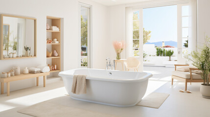 Fototapeta na wymiar Brightly lit room with white bathtub and light