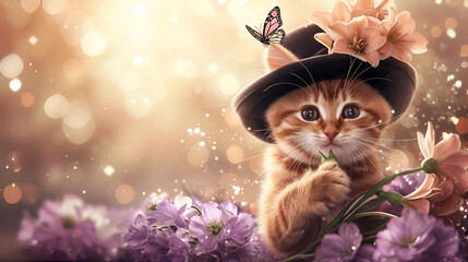 birthday card or February 14th, cute cat in a hat with a butterfly in flowers on a light background with bokeh free space and place for text