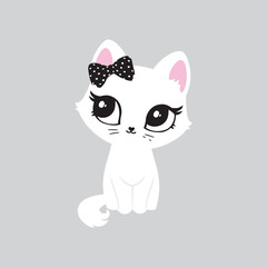 Illustration of cute cat, kitten. Baby, child, cute portrait. Little face, little animal, pet. White character, black graphic. Stickers, wall art, kids room decoration, cutie full face, small kitty