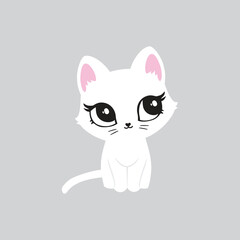 Illustration of cute cat, kitten. Baby, child, cute portrait. Little face, little animal, pet. White character, black graphic. Stickers, wall art, kids room decoration, cutie full face, small kitty