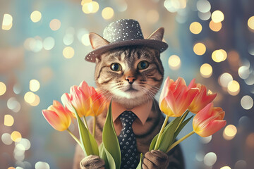 banner or postcard for March 8, a cat in a hat holds tulips in his paws with free space