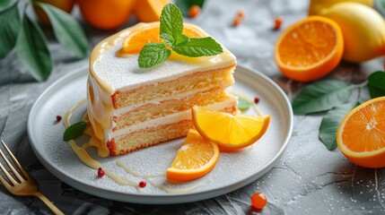 Homemade Tasty lemon cream cake zest A piece of biscuit dessert with powdered sugar glaze dripping over lemon and coconut flakes. Layered vanilla cake on a white plate.