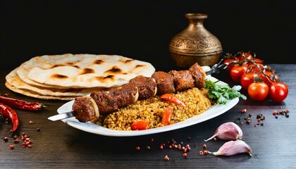 Turkish kebab with bulgur pilaf, roasted tomatoes, roasted onions, pita bread and vegetables on wooden table with black background. Copy Space image for your logo, text, product.