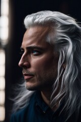 A Man With Long White Hair and Blue Eyes. Generative AI.