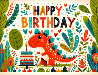 Happy Birthday Greeting Card with Cheerful Dinosaur and Festive Decorations