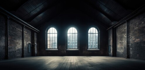 Empty large and old factory building with large windows and sunrays - obrazy, fototapety, plakaty