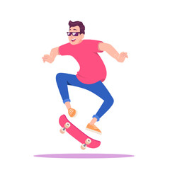 Young man in red T-shirt and sneakers having fun and jumping with a skateboard
