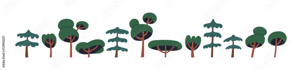 Poster trees set. abstract forest plants in modern style. green deciduous and conifer, fir. spring crowns, 