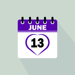 Icon calendar day - 13 June. 13th days of the month, vector illustration.