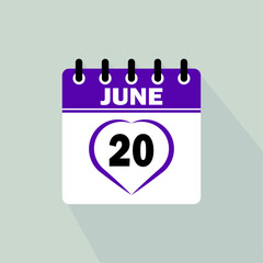 Icon calendar day - 20 June. 20th days of the month, vector illustration.