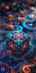 Fototapeta na wymiar Acid Trippy Abstract Colorful Psychedelic Mandala Magic Cube in LSD Waves Style Background created with Generative AI Technology