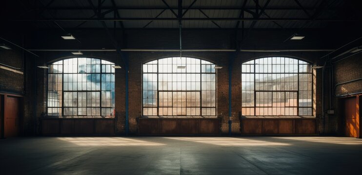 Empty industrial warehouse interior with large windows and sunlight casting shadows on the floor.