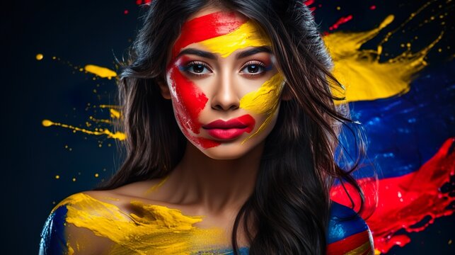 Portrait of a woman with colombian colors painted on face 