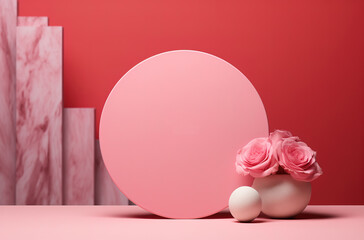 Empty round cylinder pink platform podium for product or cosmetics presentation on pink background.