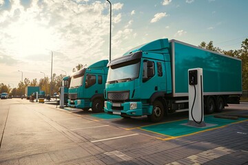 Electric trucks standing by the charging station. Ready for deployment. - obrazy, fototapety, plakaty