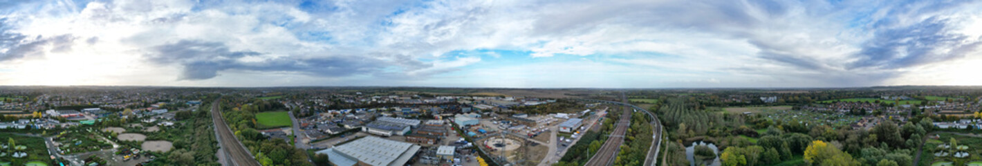 Fototapeta na wymiar Ultra Wide Panoramic View of Hitchin, Hertfordshire, England. United Kingdom. October 28th, 2023