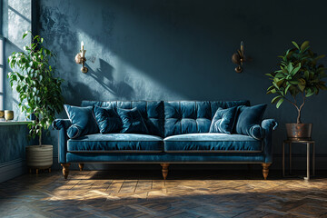 Luxurious blue velvet sofa set against a textured blue wall in a stylishly decorated room with plants and vintage decor