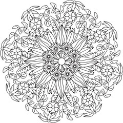 abstract floral mandala adult coloring page background tulips intricate garden flower circular design line art coloring