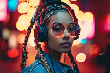 A young woman with braids and headphones. - obrazy, fototapety, plakaty