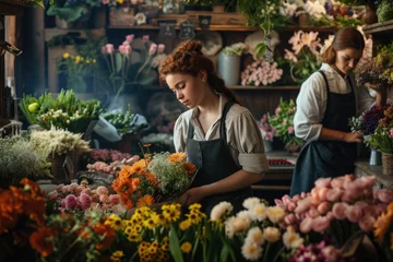 Fotobehang portrait of a Woman working with florists in flower store © Kien