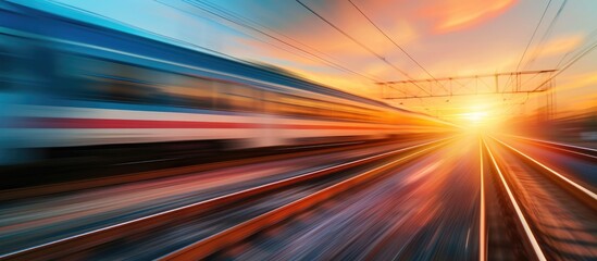 Blurred motion of sunrise passenger train on tracks. - obrazy, fototapety, plakaty