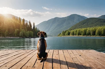Foto op Plexiglas Rear view of a dog sitting on a pier overlooking the mountains. Waiting for its owner. Dog devotion concept © Sergey