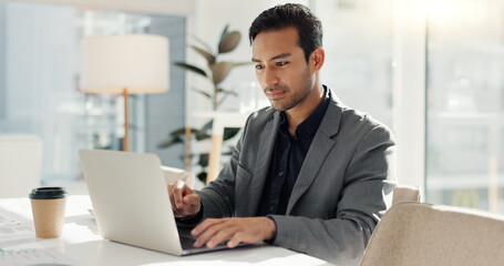 Fototapeta premium Man in office with laptop, market research and notes for social media review, business feedback or planning. Thinking, search and businessman networking online for startup, website and writing report
