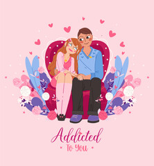 Cute couple in love for valentines day greetings card, Flyers, invitation, poster, brochure, banner. Romantic vector illustration on pink background