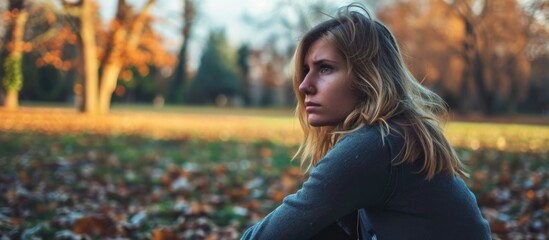 Woman in park experiencing emotions of sadness, depression, frustration, stress, anxiety, fear, and mental exhaustion, seeking psychological support and battling fatigue.