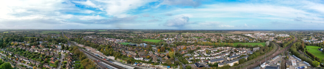 Fototapeta na wymiar Ultra Wide Panoramic View of Hitchin, Hertfordshire, England. United Kingdom. October 28th, 2023