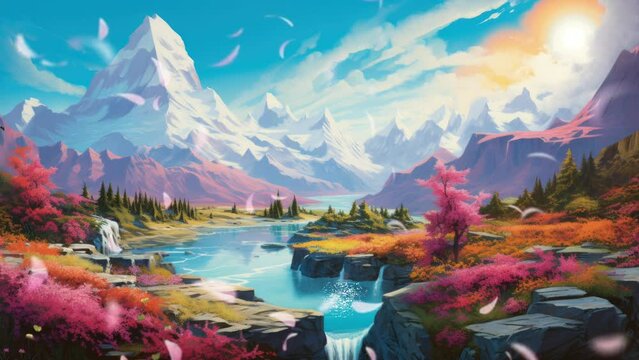 Mountain Blossoms: Welcoming Spring with a Palette of Pink Flowers Amidst Majestic Peaks. Animated fantasy background, watercolor painting illustration style, seamless looping 4K video