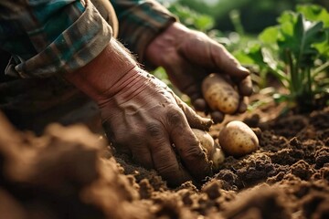 The hands of a diligent farmer, gently getting potatoes from the fertile ground