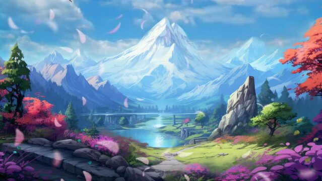 Blooming Heights: A Springtime Spectacle with Pink Flowers Adorning the Mountain Slopes. Animated fantasy background, watercolor painting illustration style, seamless looping 4K video