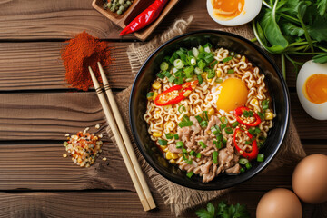 Ramen noodle soup with pork, egg and vegetables on wooden background