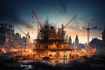 Construction site with cranes in modern city