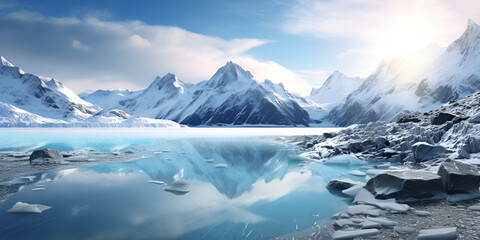 Winter ice snow frozen lake nature outdoor background with mountains landscape.