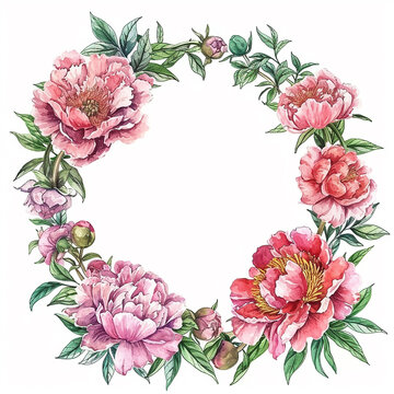 round frame with peonies in the glamour style, golden glitter watercolor illustration on white background